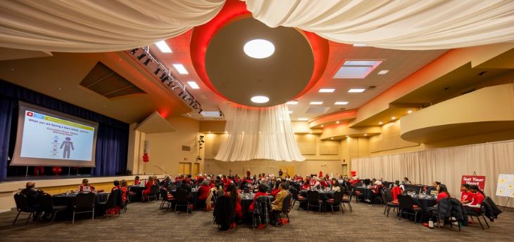 Room with tables lit in red.