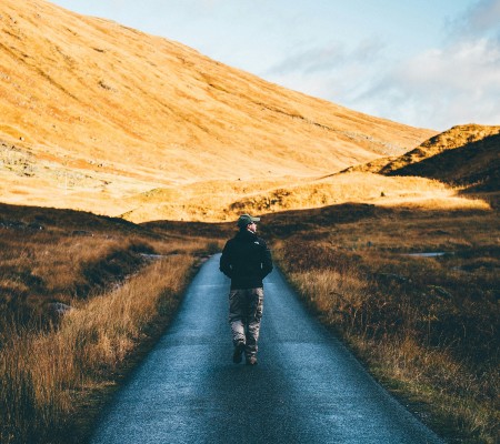 Man walking down the road, golden grass on each sides of the road