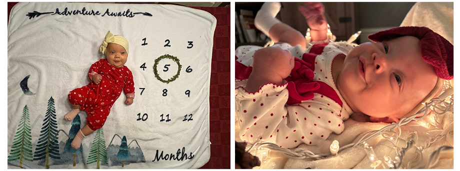 Baby laying on a blanket that indicates she is 5 month sold; close up picture of baby with red bow on here head and a red holiday outfit