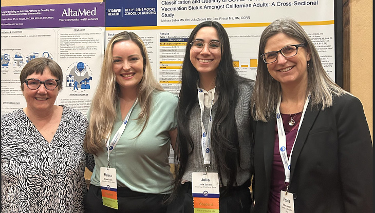 Four women stand side-by-side smiling in front of research poster