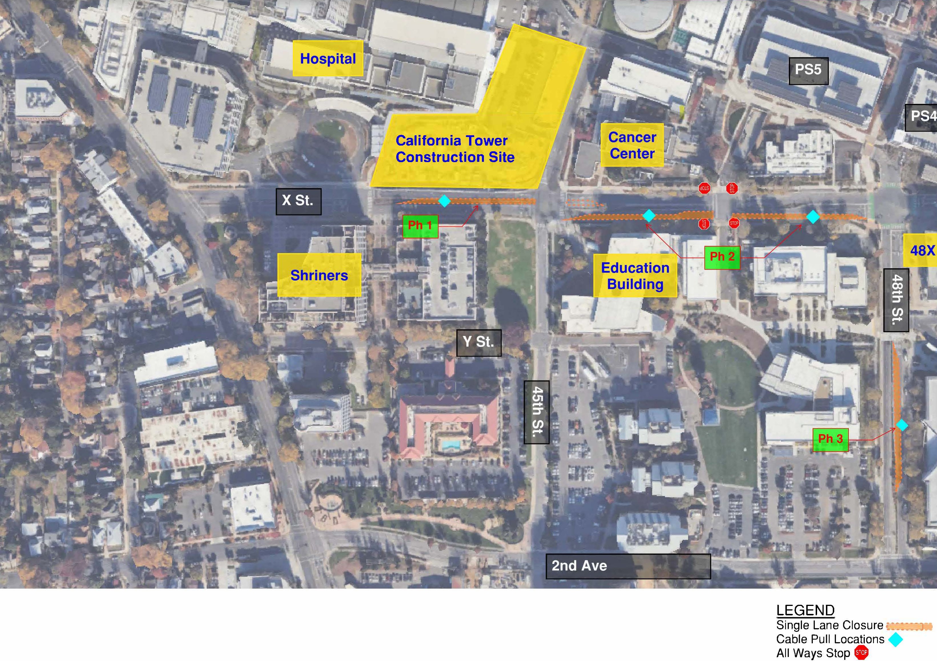 Aerial map of the UC Davis Health Sacramento campus showing three phases of planned cable pulls and associated single-lane closures along X Street and 48th Street.