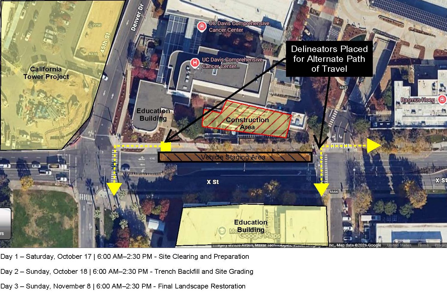 Aerial map of the UC Davis Comprehensive Cancer Center showing the designated construction area along X Street, a vehicle staging area and alternate pedestrian routes marked with yellow dashed arrows.