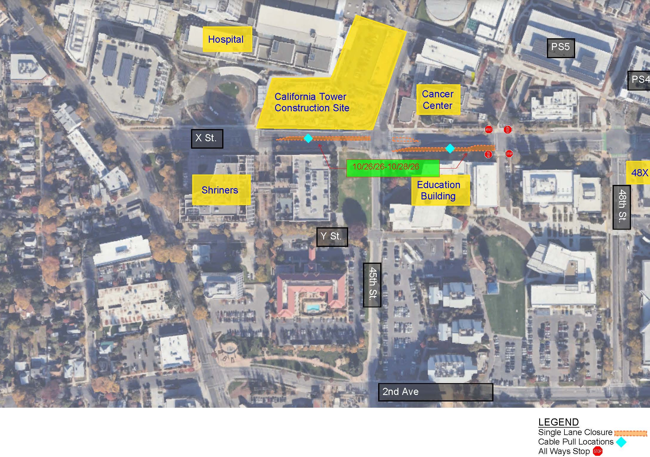 Aerial map of the UC Davis Health Sacramento campus showing single-lane closures along X Street near 45th Street from Oct. 26-28, 2026.