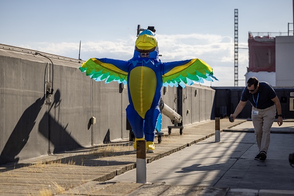 A falcon mascot spreads its wings on a rooftop while a photographer captures images nearby.