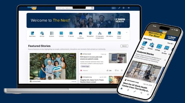 The Nest displayed on a laptop and smartphone, showcasing employee news, stories, resources and navigation tools for UC Davis Health employees.