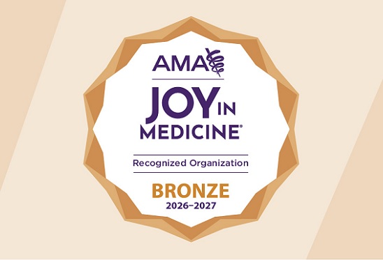 AMA Joy in Medicine Recognized Organization Bronze award badge for 2026-2027, displayed in gold and purple on a light tan background.