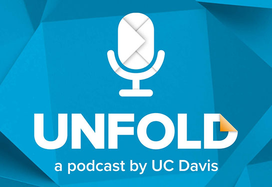 A blue Unfold podcast logo with a microphone and the text "unfold."
