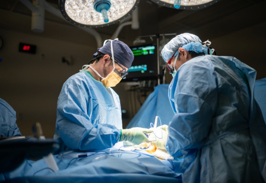 Surgeons perform a kidney transplant procedure in an operating room.