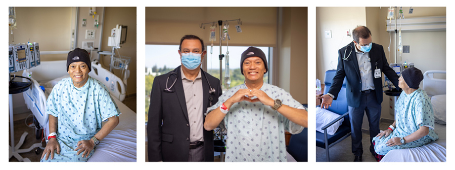 Three photo compilation: From left to right - Asian man in a hospital gown and a knit beanie sits on a hospital bed; same Asian man faces the camera making a heart shape with his hands as he stands next to a dark haired man on his left who is wearing a surgical mask and stethoscope; the same two men look at one another as the Asian man sits on a hospital bed while the doctor stands beside him.
