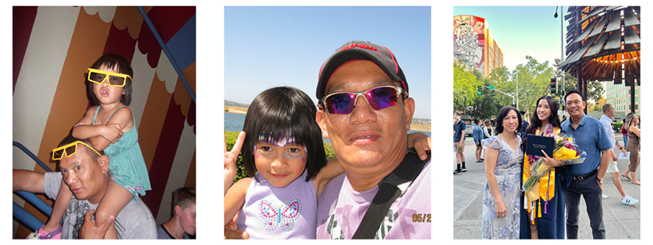 Three photos, left to right: Young girl sits on her father's shoulders, each wearing yellow glasses; same girl with short black hair puts her arm around her dad who is wearing sunglasses; same girl is now a high school graduate in her robe with he dad and mom on each side of her.