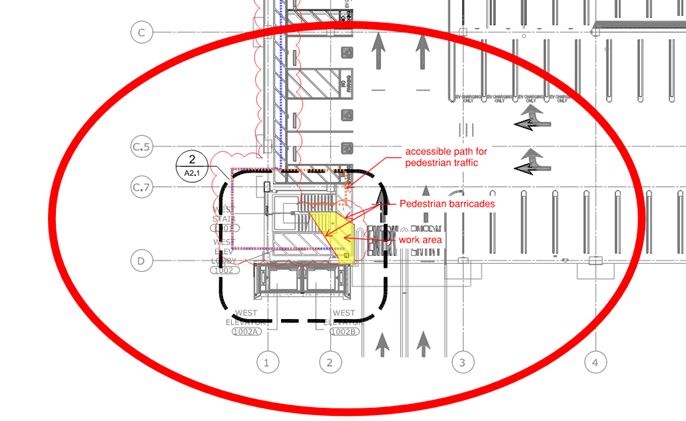 Map showing first floor plan of Parking Structure 4. The map has a highlighted yellow area inside red circle delineating where the construction activity will be.
