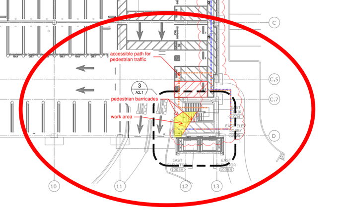 Map showing first floor plan of Parking Structure 4. The map has a highlighted yellow area inside red circle delineating where the construction activity will be.
