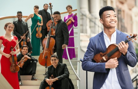 Image of the band, holding violins and cellos