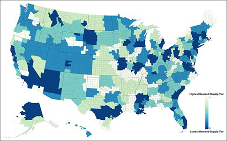 Map of the U.S. showing aesthetic surgical demand-supply tiers across Designated Market Areas from August 2024-2025