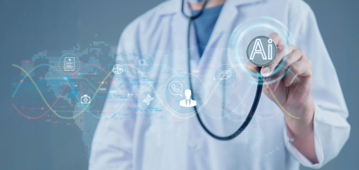 AI health care concept with a doctor holding a stethoscope, digital icons and futuristic technology background.