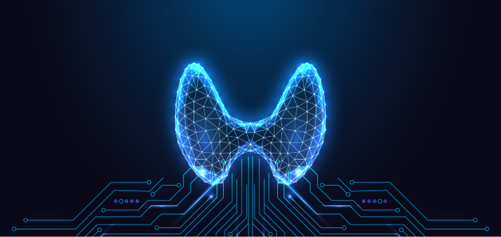 Glowing thyroid gland emerging from circuit-board lines.