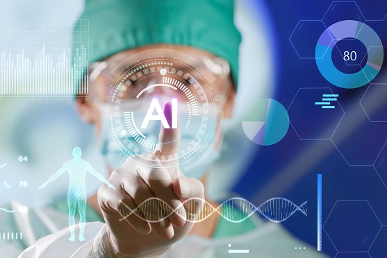Graphic shows computer generated images with the letters AI in the center and a medical professional touching the letters
