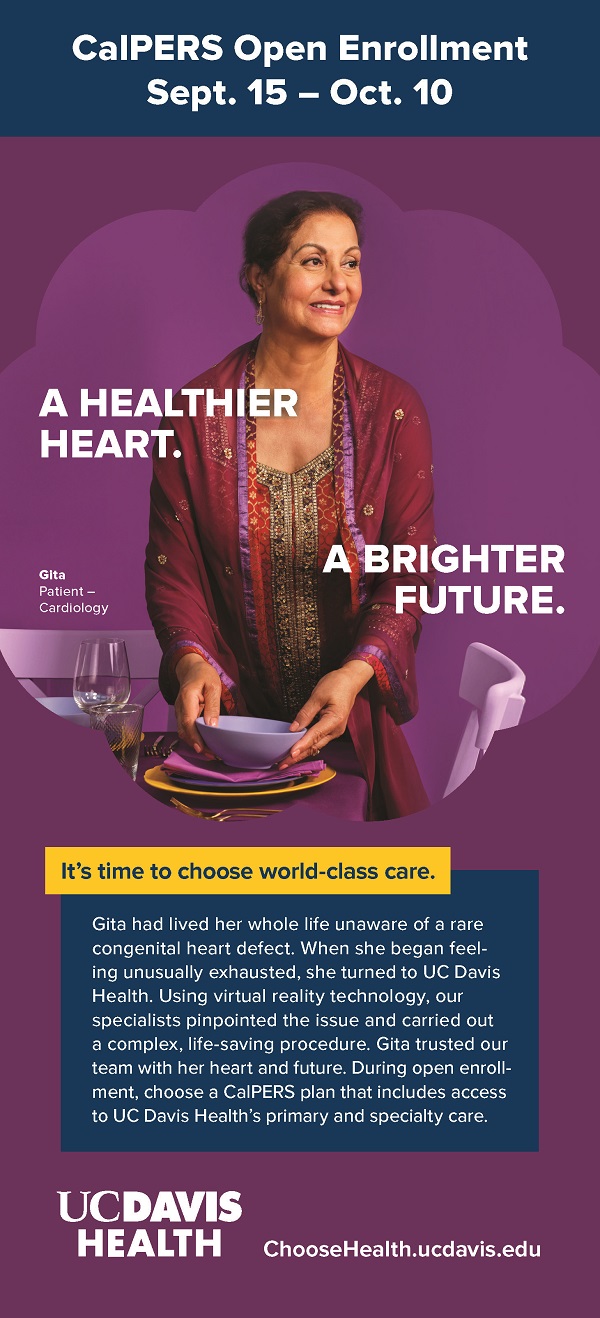 A person stands at a dining table setting plates, with a purple background and home interior elements. Text reads &ldquo;CalPERS Open Enrollment Sept. 15 &ndash; Oct. 10,&rdquo; &ldquo;A healthier heart. A brighter future.&rdquo; and identifies the individual as &ldquo;Gita, patient &ndash; cardiology,&rdquo; with UC Davis Health branding.