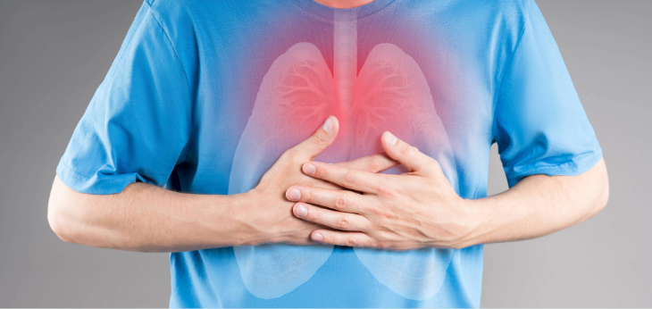 Illustration of inflamed lungs in torso, respiratory infection, pneumonia on gray background; painful area highlighted in red.