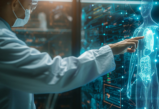 A scientist in a lab coat interacts with a glowing blue digital data stream, representing advanced technology and scientific discovery.