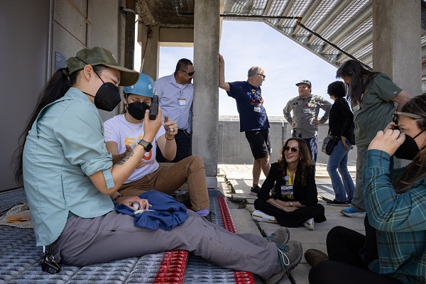 Several people gathered on rooftop as a falcon chick is handled for banding.
