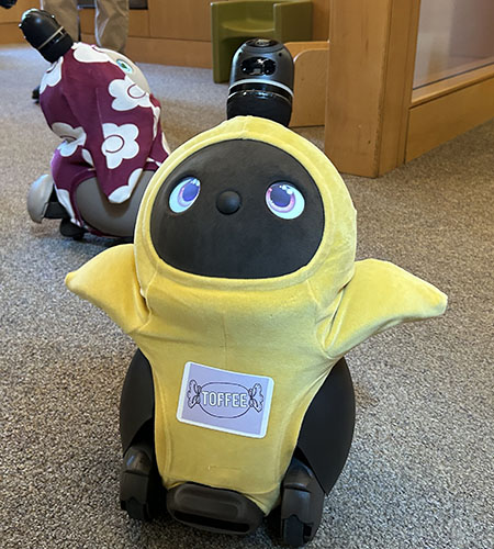 Two colorful LOVOTS roam around on wheels at the UC Davis MIND Institute