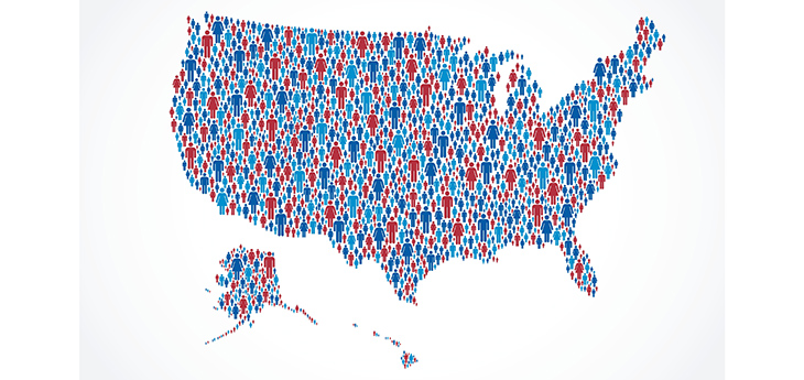 Map of the United States formed by many small red and blue human icons.