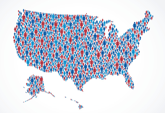 Map of the United States formed by many small red and blue human icons.