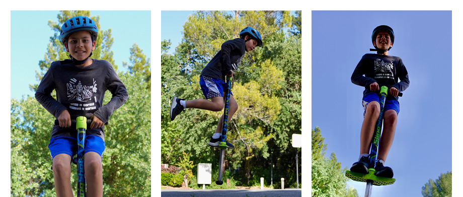 From left to right: Three photos of a child with a helmet on in different poses while jumping on a pogo stick.