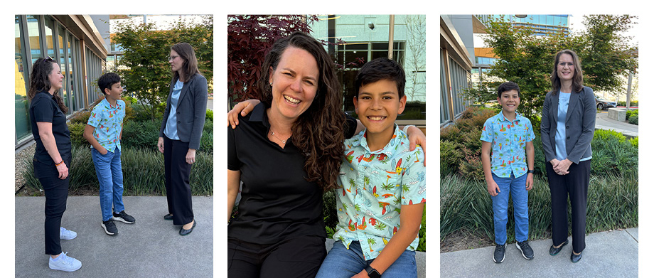 From left to right: Two adults and a child stand and talk; mother and son embrace and smile; child and adult standing and smiling
