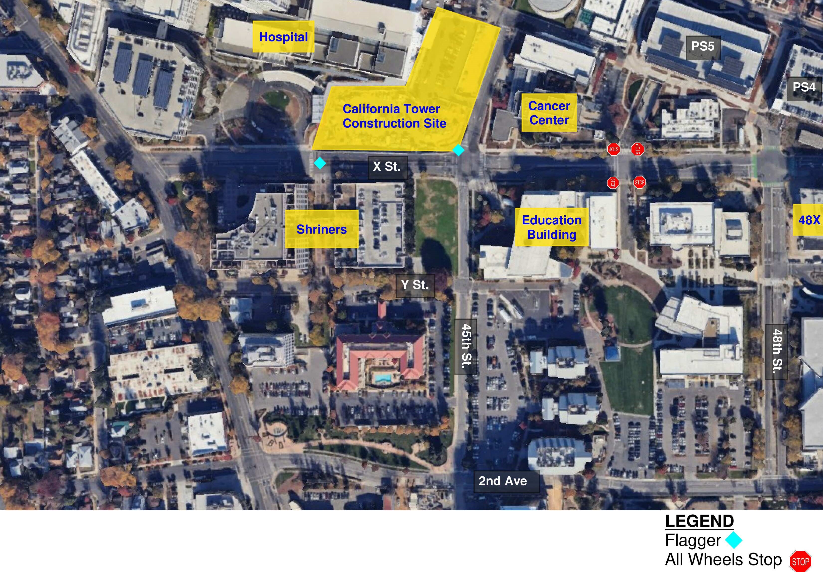 Graphic showing map of the UC Davis Health Sacramento campus with flaggers, stop signs, and buildings denoted.