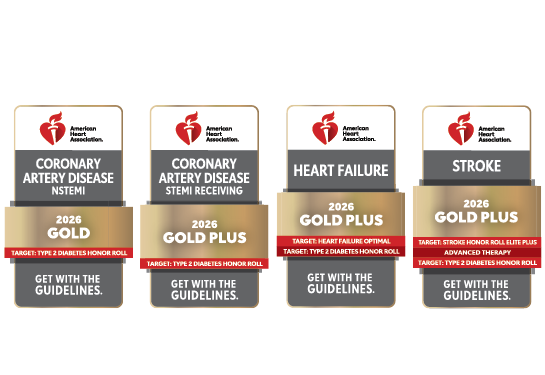 Diagram of four American Heart Association awards recognizing excellence in heart attack, heart failure and stroke care.