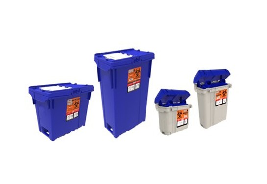 four blue canisters used for waste disposal.