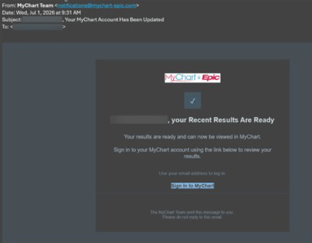 A screenshot of an email that purports to be from "MyChart Team" with text in the body of message encouraging users to log in.