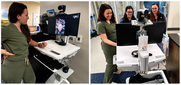Photo on left: Doctor appears on screen talking with nurse. On right: Three nurses gather around a telehealth video monitor.