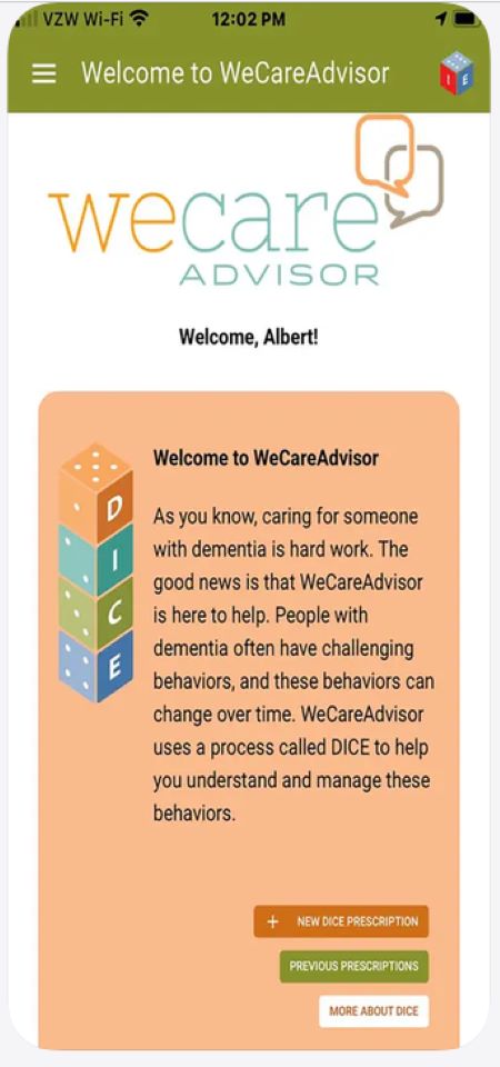 Example of the WeCareAdvisor mobile app welcome screen showing text and graphics with dementia care guidance and DICE options.