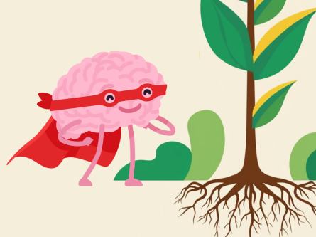 cartoon image of a brain with a superhero cape next to a plant with roots to express a growth mindset