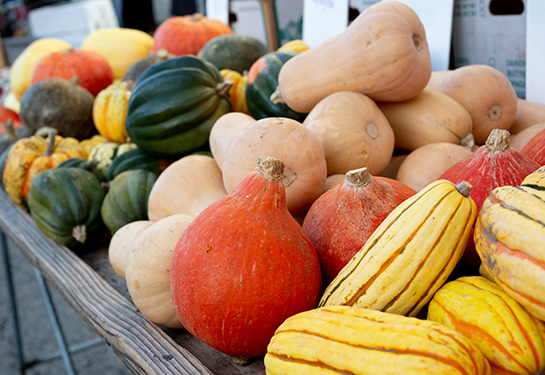 Several varieties of colorful winter squash on a wooden table.