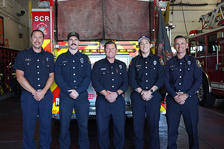 The Engine 6 firefighters who responded. From left to right: Eric Chin, Lukas Troutman, Jeffrey Switkowski, Adrienne Bisharat and Capt. David Fike. Photo credit: Wendy Aguilar, Sacramento Fire.