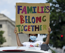 Person standing out of a car sunroof holding a Families Belong Together sign.