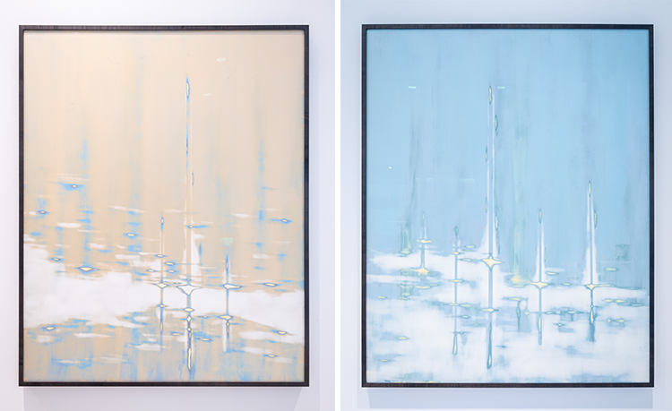 Close up of Warm Illusions and Blue Tides art pieces.