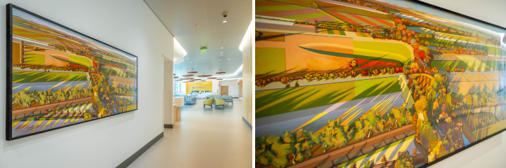 Diptych images featuring the interior of the 48X Complex Level 2 Main Corridor with the California Quilt art piece hanging on the wall and a close up of the art piece on the right. 