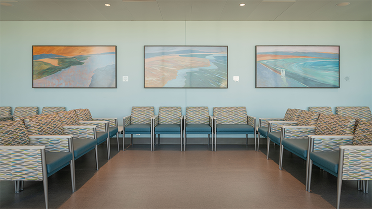 Wide image of the Distant Call, Exhale and Runoff art pieces hanging in the 48X Complex level 4 waiting area.