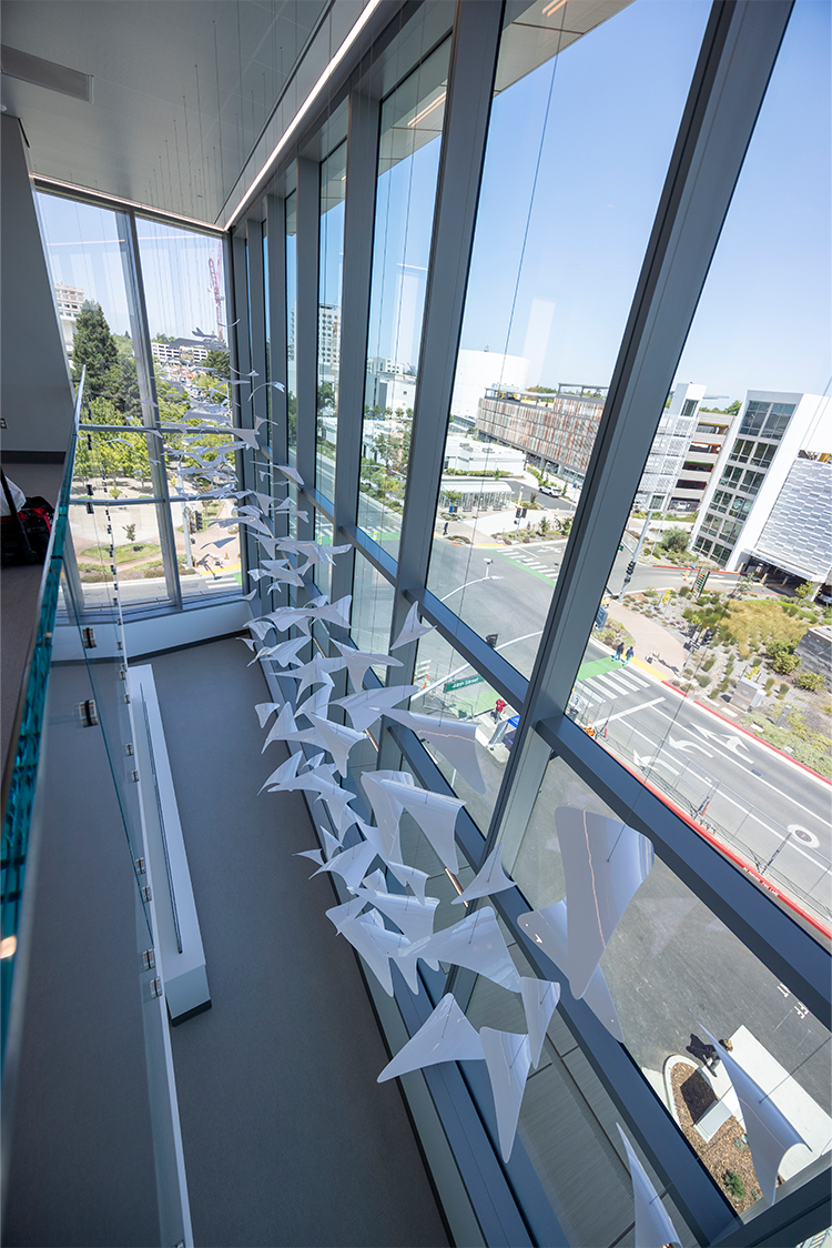 Image looking down from the fourth floor of 48X Complex onto the street with the Flyways art piece hanging inside.