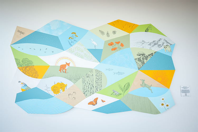 Close up of the Sacramento Patchwork #1 art piece hanging on a white wall.