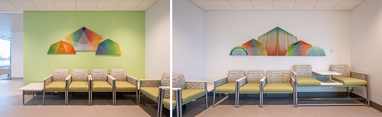 Diptych images featuring the interior of the 48X Complex level 3 family waiting room with the Pathways art pieces hanging on each wall.