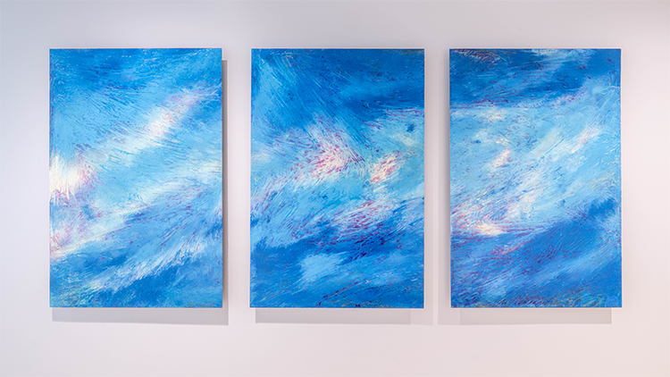 Close up of The Sky and the River triptych art piece.