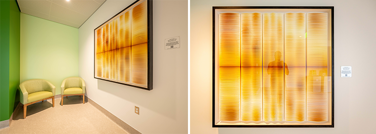 Diptych images featuring the interior of the 48X Complex level 3 Pediatrics with the Solar Resonance art piece hanging on the wall on the right and a close up of the art piece on the right. 
