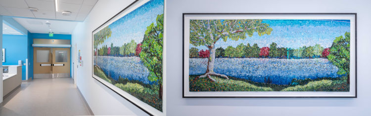 Diptych images featuring the interior of the 48X Complex Level 1 23-Hour Observation Waiting Room with the Springtime on the Sacramento River art piece hanging on the wall on the right and a close up of the art piece on the right. 
