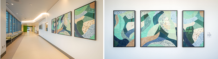 Diptych images featuring the interior of the 48X Complex Level 3 Main Corridor with the Stillwave art piece hanging on the wall on the right and a close up of the art piece on the right. 